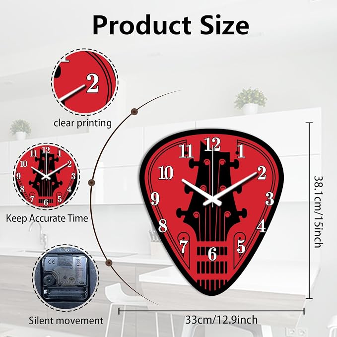 Guitar Clappers Wall Clock Irregular Shape Decorative Guitar Silhouette Wall Clock Non-Ticking Clock for Home Office Decoration, 15×12.99 inch