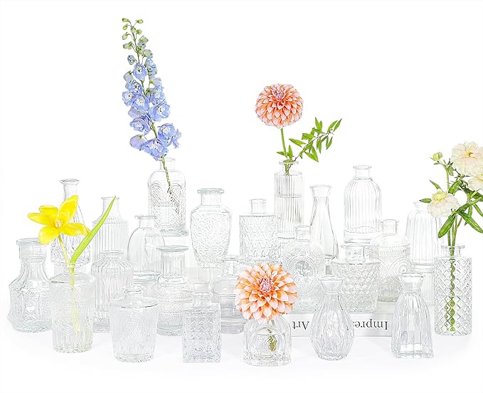 24pcs Glass Bud Vase Set, Small Clear Flower Vases for Centerpieces in Bulk, Mini Vintage Vase for Wedding, Home,Table Decoration