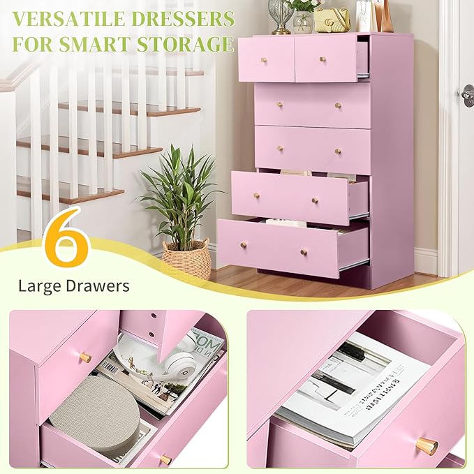 Karl home Pink 6 Drawer Dresser for Bedroom, Tall Dresser Chest of Drawers, Rustic Wood Bedroom Dressers Clothes Organizer, Anti-Tipping Device, Rose Gold Metal Handle, Living Room, Entryway, Office