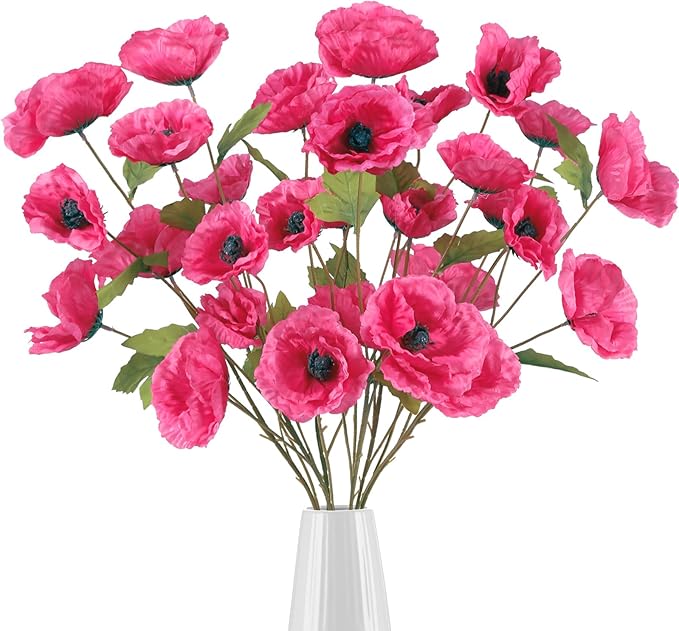 Poppies Flowers Artificial Silk Flowers 6PCS 32in Artificial Poppies Flowers for Wedding Home Party Table Centerpiece Arrangement Decoration (Hot Pink)