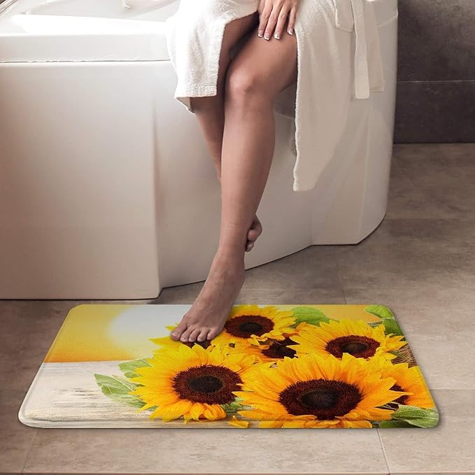 Britimes Bath Mat for Bathroom, Yellow Sunflower Washable Cover Floor Rug Carpets Floor Mat Bathroom Decorations 16x24 Inches for Kitchen Bedroom Indoor