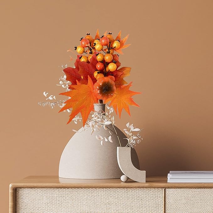 6 Pack Fall Stems Artificial Berry Picks Fall Picks with Pumpkin Maple Leaves Branches Decorations for Harvest Autumn Thanksgiving Day Flower Arrangements Wreaths Indoor Outdoor Home Decor
