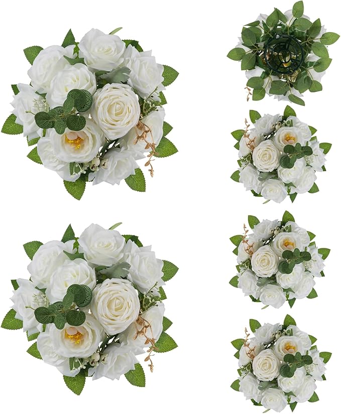 BLOSMON Artificial Flowers Ball Wedding Centerpieces 6 Pcs White Rose Artificial Flower Center Pieces Decoration for Table Silk Kissing Ball Faux Floral Bouquet Arrangements for Home Party DIY Decor