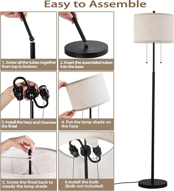 Luvkczc Floor Lamp, 62" Standing Lamp Tall Lamp with Fabric Lampshade&Pull Chain Corner Floor Lamps for Living Room, Bedroom,Office, 2 Bulb Socket