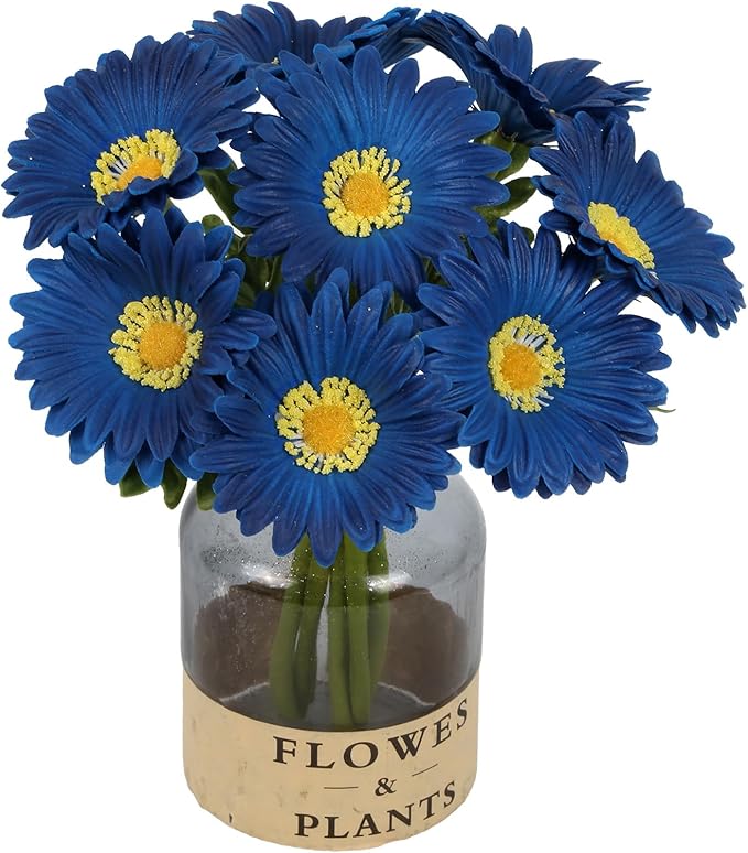 Royal Blue Gerbera Daisy Artificial Flowers 8 Pcs PU Realistic Fake Wildflowers for Vase Home Living Room Bathroom Kitchen Decor