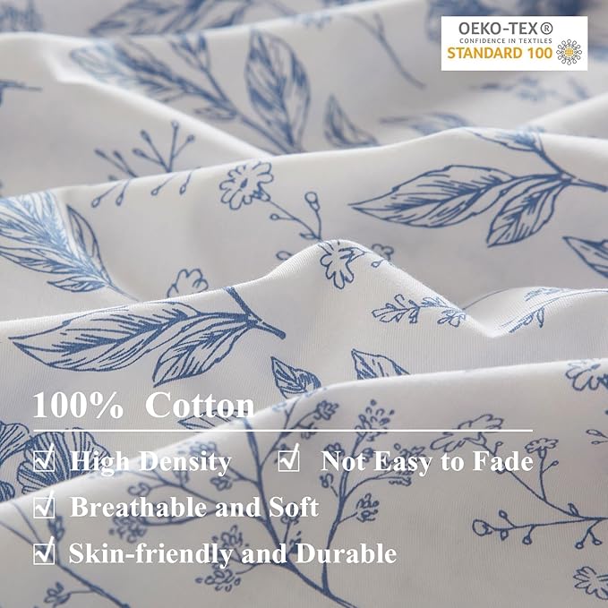 EAVD Chic Fresh Blue Floral Duvet Cover Twin White Soft 100% Cotton Garden Aesthetic Floral Bedding Set with 2 Pillowcases Cottagecore Botanical Duvet Cover with Zipper Closure