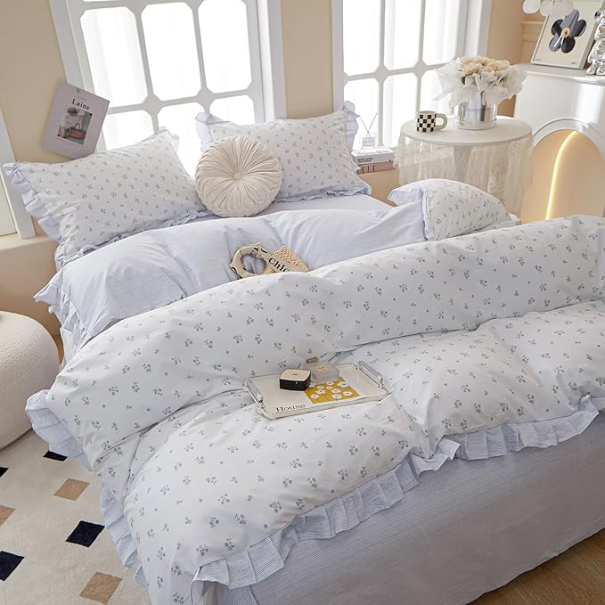 LifeTB Floral Lace Duvet Cover Queen Cute Blue Flower Duvet Cover Romantic Ruffle Comforter Cover Vintage Princess Lace Beddding Cover Botanical Floral Comforter Cover Cottagecore Bedding Set Queen