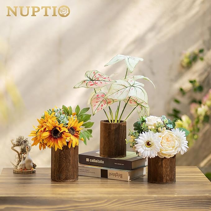 NUPTIO Wood Vases Rustic Centerpiece: 6 Pcs 5.1" Wooden Vase for Home Decor - Brown Small Vase for Wedding Table Living Room Shelf Decor
