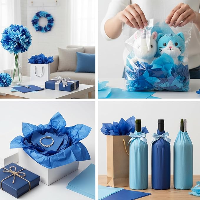 Qilery 500 Sheets Blue Tissue Paper Bulk for Gift Bags 20 x 30 Inch Acid Free Wrapping Paper Sheets for Winter Hanukkah Decoration DIY Crafts, Packing Supplies for Moving, Wedding Party, DIY Flowers