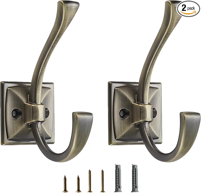 2 Pack Decorative Heavy Duty Towel Hooks for Hanging Robe Double Brushed Antique Brass Coat Hooks Wall Mounted with Screws for Key, Towel, Bags, Cup, Hat