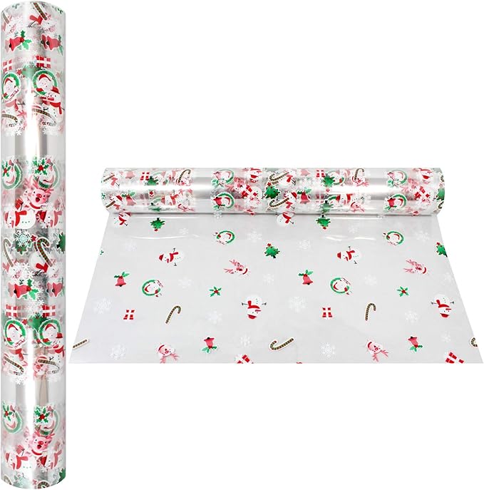 AnapoliZ Christmas Cellophane Wrap Roll | 100’ Ft. Long X 16” in. Wide | 2.3 Mil Thick, Crystal Clear with Christmas Designs| Gifts, Baskets, Treats, Cello Wrapping Paper | Santa, Snowman Cello Roll