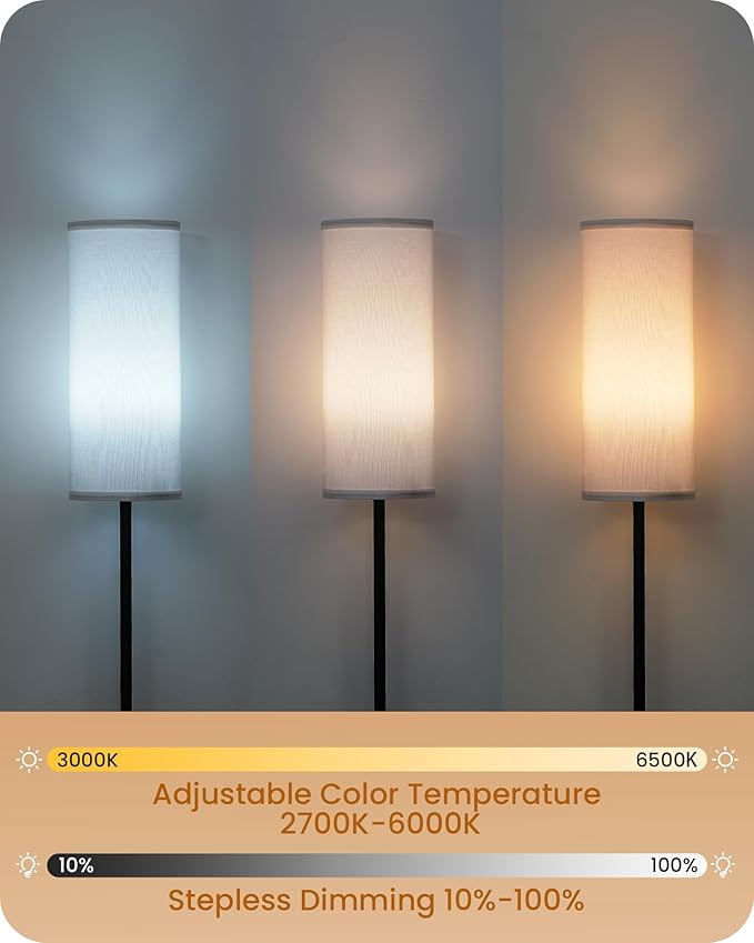 Set of 2 Dimmable Floor Lamps for Living Room with 2 Remotes and Foot Switch, 64.4”Modern Standing Tall Lamp, Corner Lamp for Bedroom, Bulb Included, 3000K-6500K, White Shade CW06LDP205W1