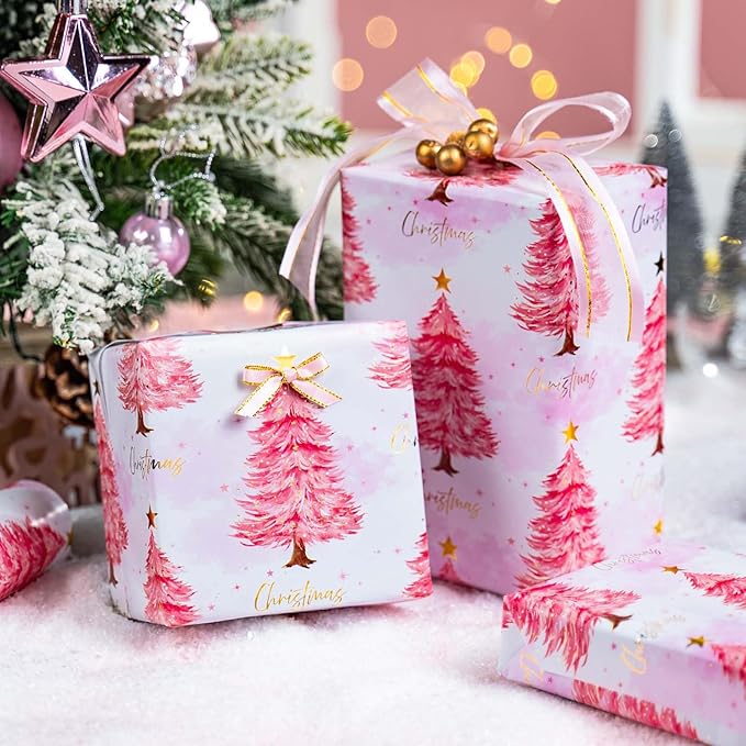 MAYPLUSS Christmas Wrapping Paper Roll - 17IN X 33FT - Pink Gift Wrapping Paper Featuring Christmas Tree Little Star Reversible Cut Lines for Kids, Holiday, New Year