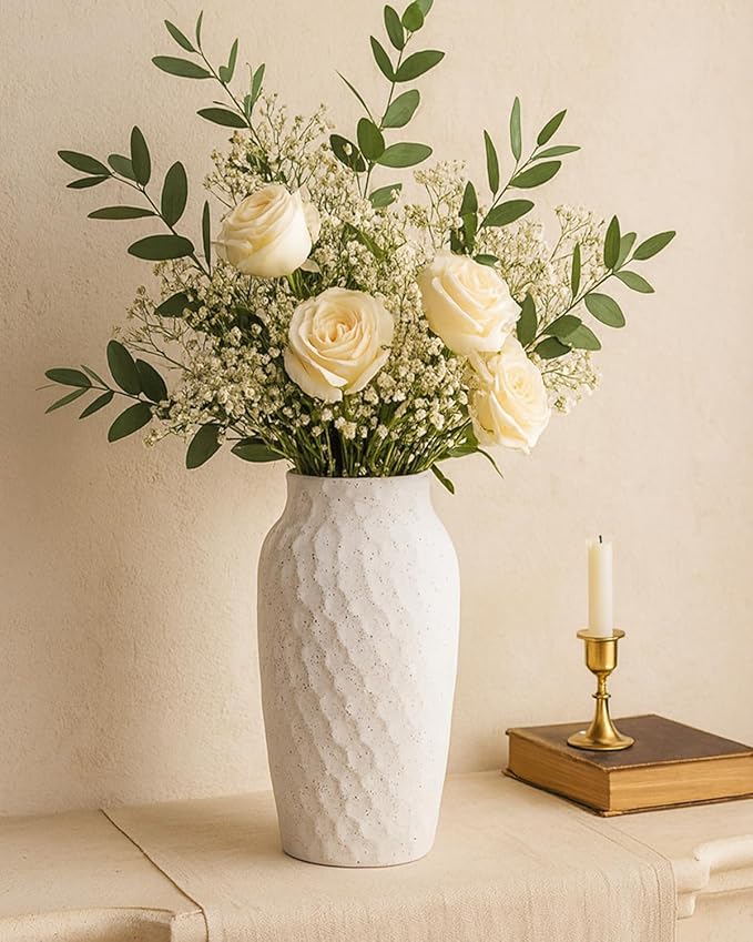 White Ceramic Vase for Flowers, Textured Speckled Hammered Finish Decorative Vase for Living Room, Table Centerpiece & Modern Home Decor