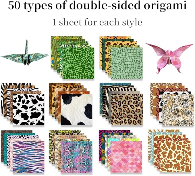 Square Origami Paper 6x6 Double Sided 50 Sheets 50 Colors 70GSM Origami Kit Japanese Chiyo Easy Fold Arts Crafts DIY Handwork Animal Fur