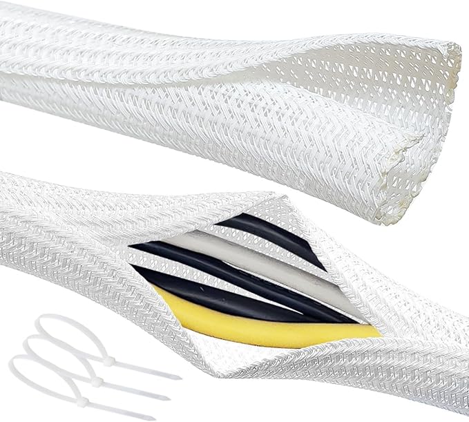 Cable Management Split Wire Loom Sleeve - Cord Hider & Protector for Desk, Pet Chew Proof, Wire Cover Organizer, Flexible Tube for Wires and Cables (1/2 Inch 12FT, White)