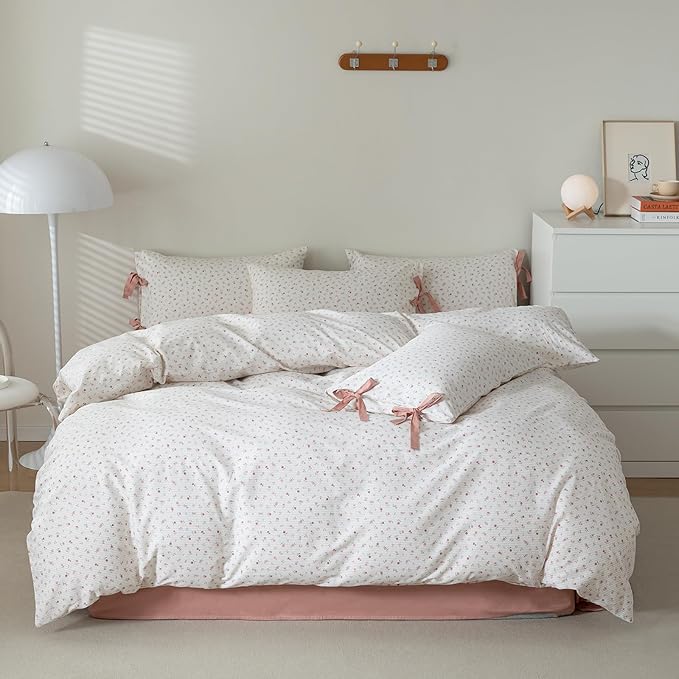 EAVD Cotton Duvet Cover King Size Floral Duvet Cover Set Garden Small Pink Floral Bedding Set with 2 Pillowcases Chic Shabby Botanical Pattern Duvet Cover with Zipper Closure