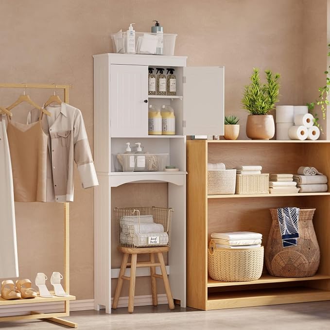 Gizoon Over the Toilet Storage Cabinet with Adjustable Shelf and Double Doors, Bathroom Space Saver Organizer Above Toilet with Open Shelf, Taller Wooden Free Standing Toilet Rack -White