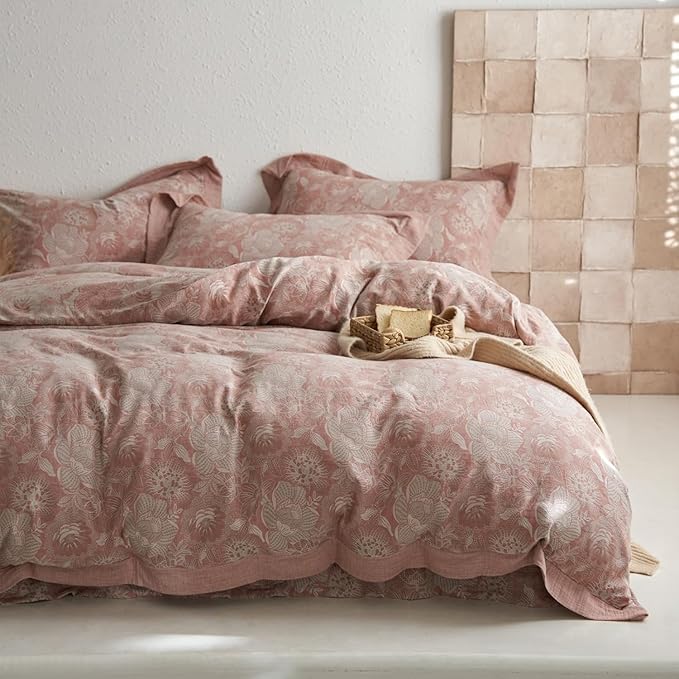 Blush Pink Floral Duvet Cover Queen Vintage Pink Flower Jacquard Comforter Cover with Edge Design Linen Cotton Yarn-Dyed Textured Flower Duvet Cover Breathable Comfy Cottagecore Bedding Set Queen