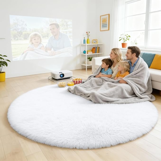 OLANLY White Round Rugs for Bedroom - Machine Washable, 8 ft Circle Area Rugs for Living Room, Soft and Fluffy Shaggy Carpet for Teen Girls and Boys, Nursery Rooms, Dorms, Home Decor Aesthetic