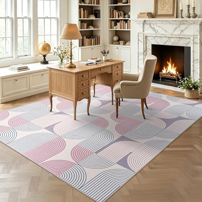 Large 8x10 Area Rugs Living Room-Soft Modern Geometric Pink Rug for Bedroom, Washable Non-Slip Indoor Floor Boho Abstract Carpet for Dining Room Nursery Home，Pink/Purple