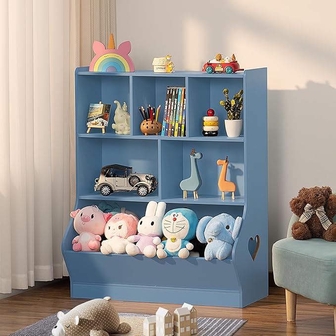 Lerliuo Kids Storage Organizer, 3 Tier Children Bookcase and Bookshelf, Toddler 6 Cubby Cabinet, Wood Book Shelf for Playroom, Bedroom, Living Room, Nursery, School 39.17'' H(Blue)