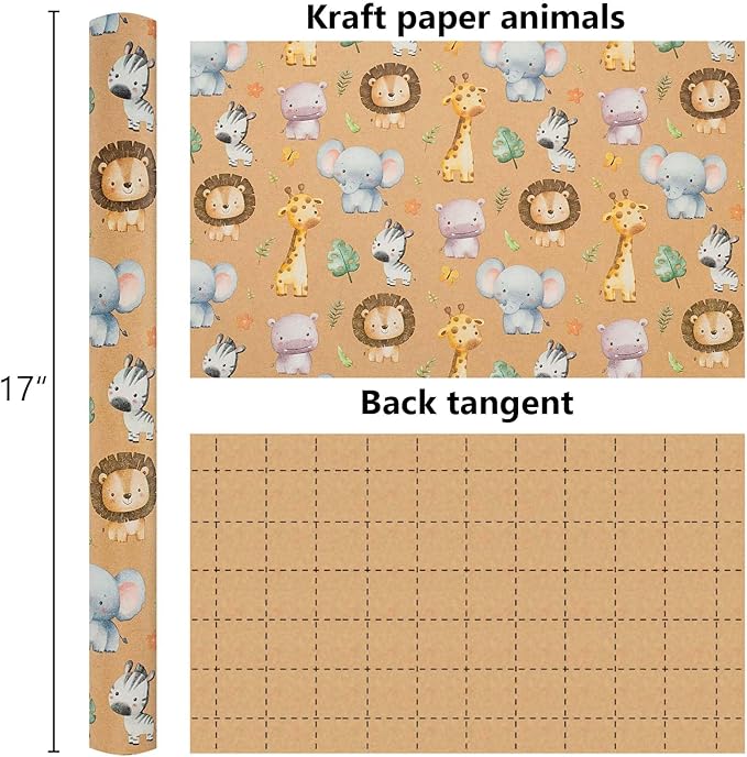 Burymento Kraft Animal Wrapping Paper, Cut Auxiliary Line Design Gift Wrap for Baby Shower, Birthday, Valentines, Mothers day, Graduation, Wedding, Fathers day, Christmas (17 Inch X 32.8 Ft)