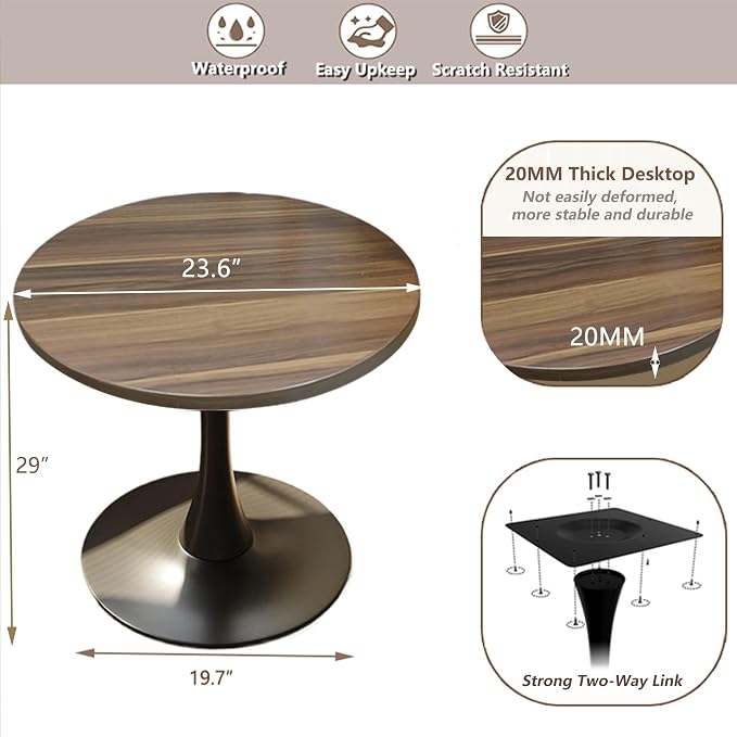 24" Tulip Table for 1-2 Persons Modern Round Dining Room Table, Mid-Century Modern Walnut Small Kitchen Table with MDF Wooden Top, Leisure Coffee Table for Living Room, Dining Room, Office