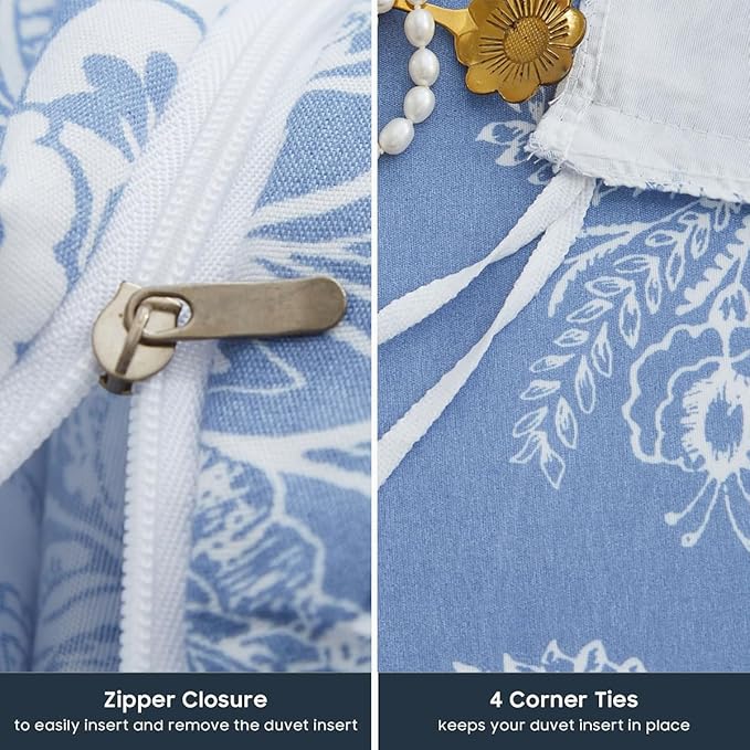 Nayoroom Floral Duvet Cover Set Queen Size Cottagecore White Blue Flower Leaf Comforter Cover 3Pcs Soft Breathable Microfiber Pastoral Garden Aesthetic Bedding Set with Zipper Closure