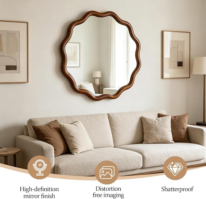 24" Wavy Edge Round Mirror, Solid Wood Framed Wall Decor with Clear Reflection for Bathroom, Bedroom, Living Room & Entryway (Dark Walnut)