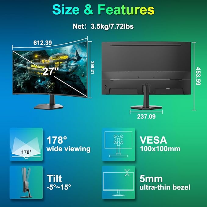 SANSUI Curved Monitor 27 inch 120Hz USB Type-C Computer Monitor with Speakers Built in丨FHD 1080p丨HDR丨110% sRGB丨1500R丨VESA Compatible,for Tablet,Desktop,Laptop and PC Work Gaming