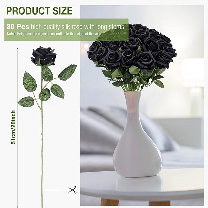 30 Pcs Rose Artificial Flowers in Bulk Real Touch Long Stem Silk Roses Bouquets Realistic Faux Flowers for Wedding Bridal Shower Home Decor Floral Arrangements Table Centerpiece(Black)
