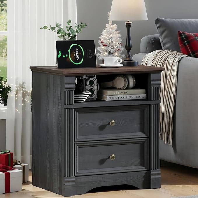 Black Nightstand with Charging Station, Side Table Storage Cabinet with 2 Drawers and Chic Wood Pilasters Design, Farmhouse Wood Bedside Table & End Table with Metal Handles for Bedroom, Living Room