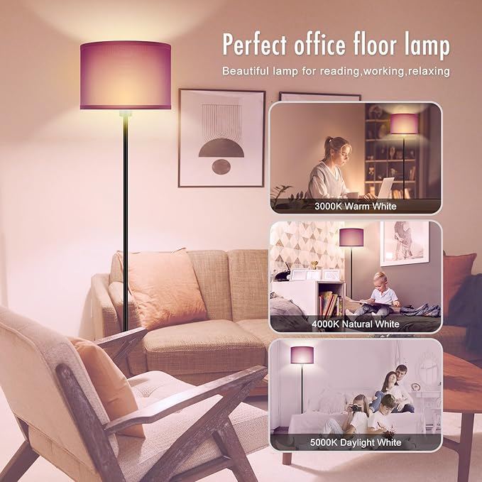AUQUEE Floor Lamp, Standing Lamp, Modern Stand Up Lamps with Purple Lampshade, 59" Tall, Foot Switch, Simple Living Room Decor for Kids Room, Girls Room, Den, Office - Black(NO Bulb,E26 Base)