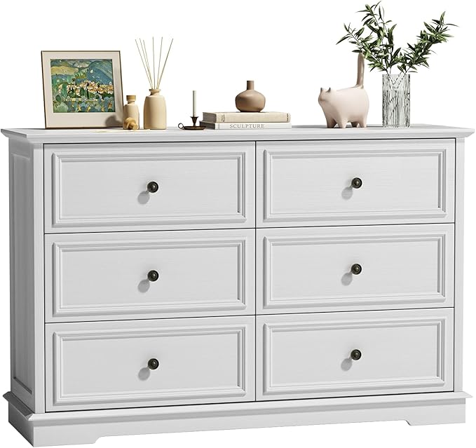White Dressers for Bedroom, Modern 6 Drawer Dresser with Deep Drawers, Wooden Chest of Drawer and Bedroom Closet Dressers for Living Room, Entryway, Hallway