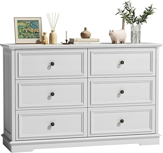 White Dressers for Bedroom, Modern 6 Drawer Dresser with Deep Drawers, Wooden Chest of Drawer and Bedroom Closet Dressers for Living Room, Entryway, Hallway