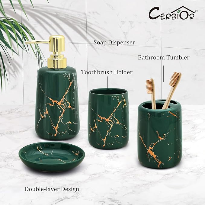 CERBIOR Bathroom Accessories Set,4 Pcs Ceramic Bathroom Decor Accessory,Includes Toothbrush Holder, Toothbrush Cup, Soap Dish for Decorative Countertop and Housewarming Gift(Green 4pcs)