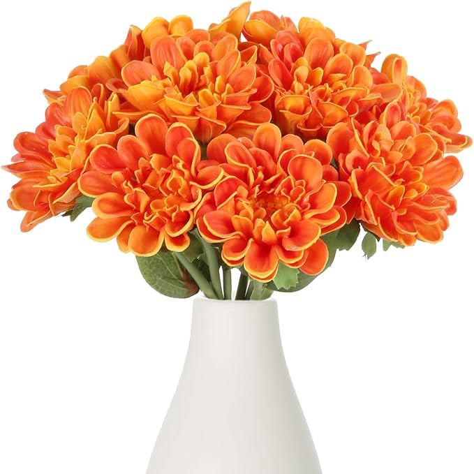 IPOPU Orange Chrysanthemum Artificial Flowers 10pcs Fake Mums 13inch Faux PU Dahlia Flower Dahlia Flower with Stem for Home Wedding Office Table Centerpiece Floral Arrangement Decor(Orange)