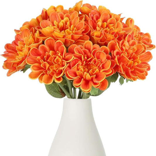 IPOPU Orange Chrysanthemum Artificial Flowers 10pcs Fake Mums 13inch Faux PU Dahlia Flower Dahlia Flower with Stem for Home Wedding Office Table Centerpiece Floral Arrangement Decor(Orange)