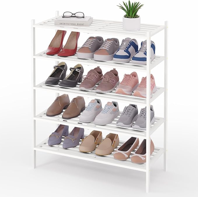 Smiry Bamboo Shoe Rack 5-Tier, Stackable Wooden Shoe Organizer for Entryway & Closet, Free Standing Wood Shoe Storage Shelf for Front Door & Small Spaces, White
