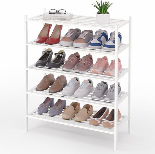 Smiry Bamboo Shoe Rack 5-Tier, Stackable Wooden Shoe Organizer for Entryway & Closet, Free Standing Wood Shoe Storage Shelf for Front Door & Small Spaces, White