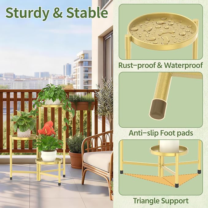 LASZOLA 3 Tier Large Plant Stand Indoor Tall with 10 Inch Metal Tray, Corner Folding Flower Display Rack, Modern Plant Holder Shelf for Outdoor Patio Porch Garden Office Living Room, Gold