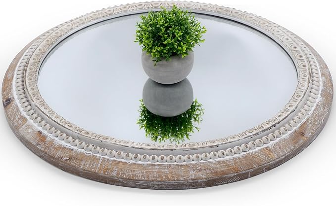 24'' Round Wall Mounted Mirror, Wood Decorative Circle Mirrors, Boho Mirrors with Beaded Frame, Rustic Vanity Mirror, Distressed Mirror for Bathroom, Living Room, Bedroom, Entryway