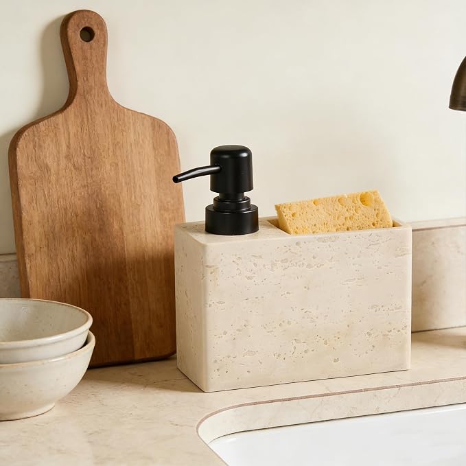Beige Travertine Soap Dispenser with Sponge & Brush Holder – Hand & Dish Resin Soap Pump Bottle for Kitchen & Bathroom, 2-in-1 Countertop Organizer, with 2 Natural Sponges (Luxury Home Decor)