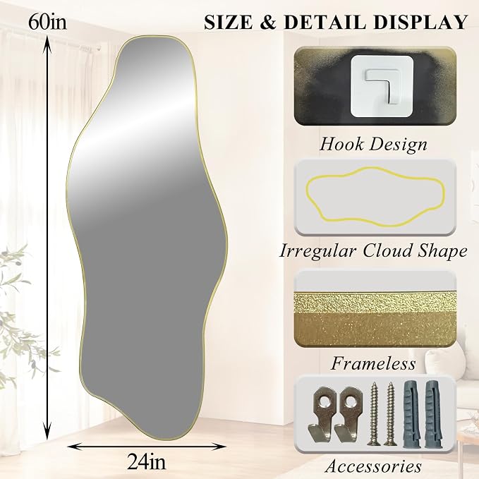 Irregular Wall Mirror, 60"x24" Large Asymmetrical Tempered Glass Mirror, Gold Modern Organic Frameless Mirrors for Entryway Hallway Bedroom Living Room, Horizontal or Vertical Hanging