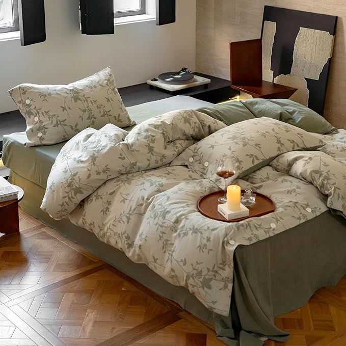 VM VOUGEMARKET Linen Cotton Duvet Cover Queen,3 Pcs Yarn-Dyed Jacquard Textured Duvet Cover with Button Closure Botanical Leaves Bedding Set-90"x90",Sage Green