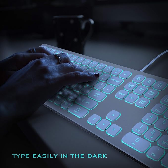 Aluminum Quiet Wired Keyboard Backlit- Slim Chiclet Key Compatible with Apple iMac, MacBook, Mac and PC, USB Keyboard Numeric Keypad RGB Lighted Key - Silver White