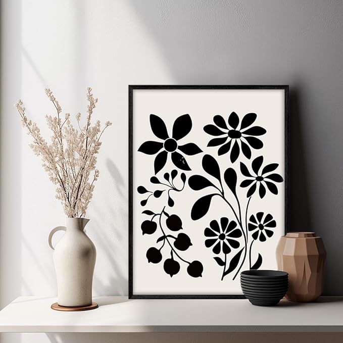 SERIMINO Black and White Wall Art Framed Bedroom Decor Aesthetic, Botanical Floral Canvas Wall Art for Living Room Boho, Set of 3 Flower Market Prints Farmhouse Wall Decor,20 x28 inch