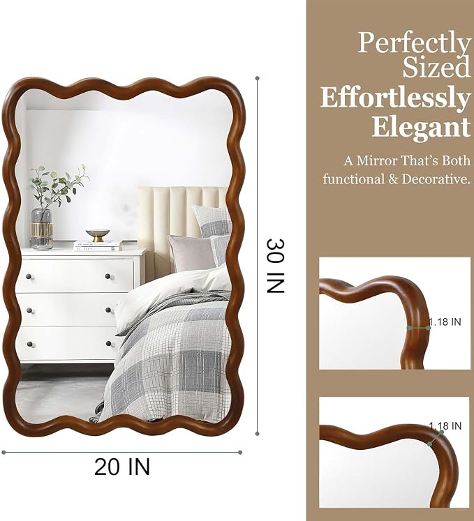 20x30 Inch Asymmetrical Wall Mirror Wood,Rustic Irregular Shaped Vanity Mirror for Bathroom,Bedroom, Living Room, Entryway, Fireplace,Wall Decor,Solid Wooden Frame (Black + Dark Walnut, 20"x30" Inch)