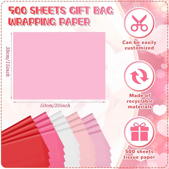 Qilery 500 Sheets Pink White Tissue Paper Bulk for Gift Bags 15 x 20 Inch Acid Free Christmas Packaging Wrapping Paper Sheets for Valentine's Day Wedding Decoration DIY Flowers, Pom Poms Crafts